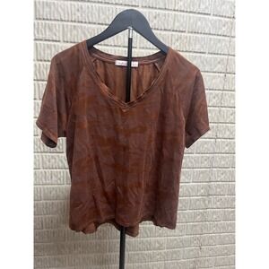 Another Love Brown Camo Print V-Neck Sueded Short Sleeve T-Shirt Small